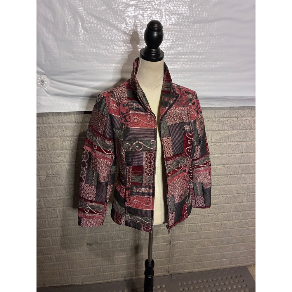 Molly & Maxx Women Medium Burgundy Grey Patchwork Tapestry Zip Front Jacket